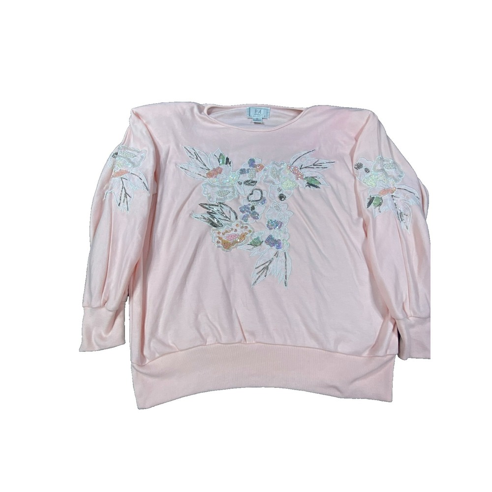Vintage Sweatshirt Women Pink Sequin Floral MD Beaded Graphic Pullover Embellish